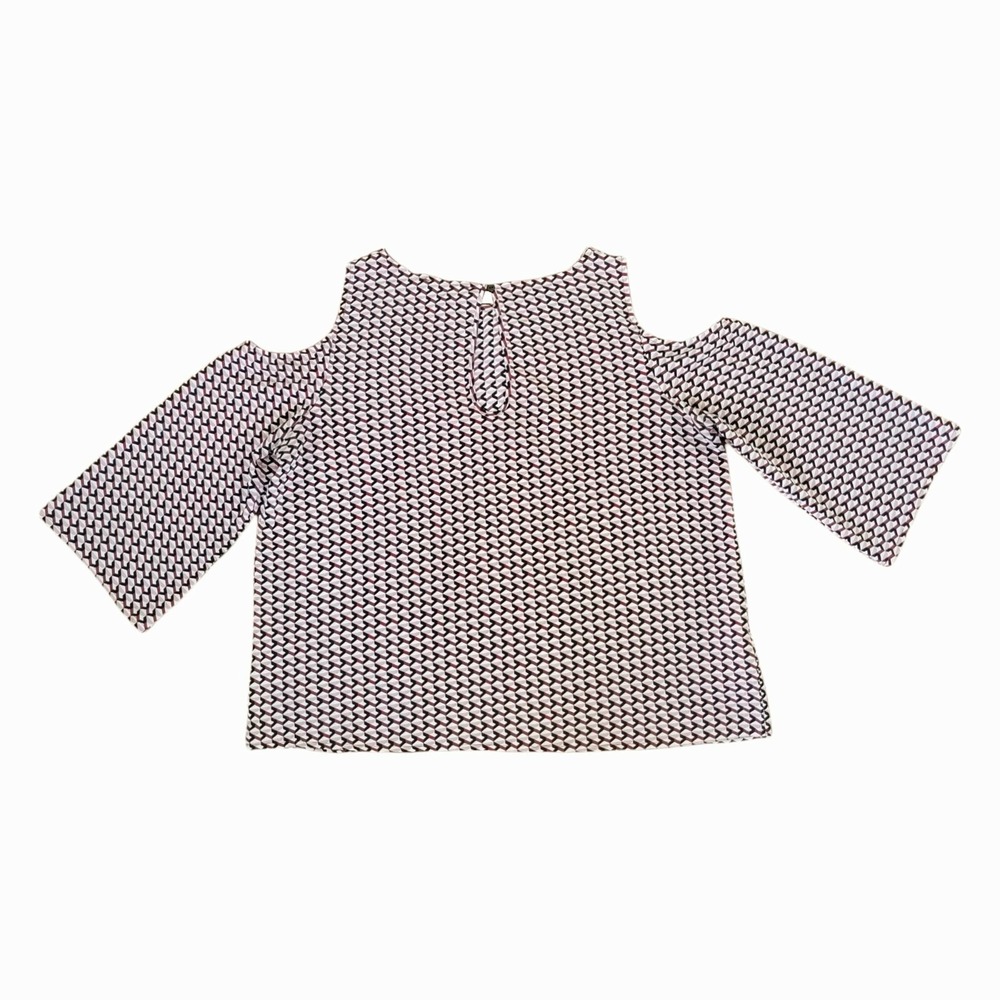 Mango Cold Shoulder Top Size 6/M Pink Red White Geometric Print Boxy Cropped